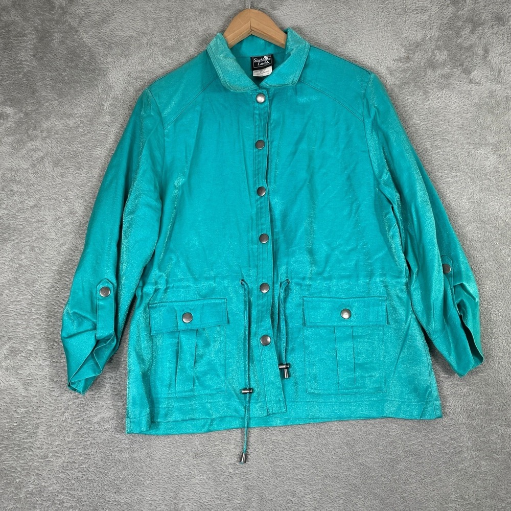 Southern Lady Utility Jacket Womens 10P Teal Shimmer Drawstring‎ Waist Roll Tab